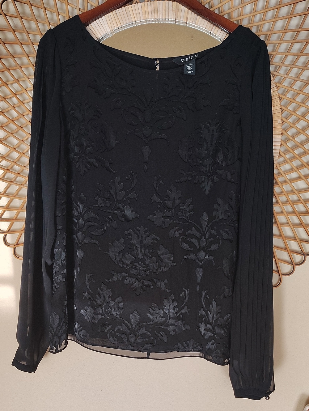 White House Black Market Sheer Long sleeve Blouse Size 12 Black